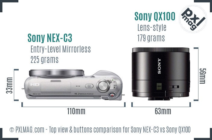 Sony NEX-C3 vs Sony QX100 top view buttons comparison