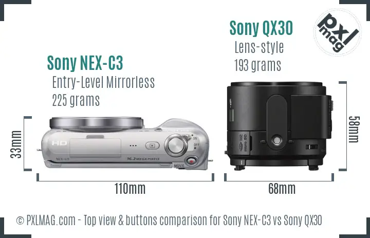 Sony NEX-C3 vs Sony QX30 top view buttons comparison