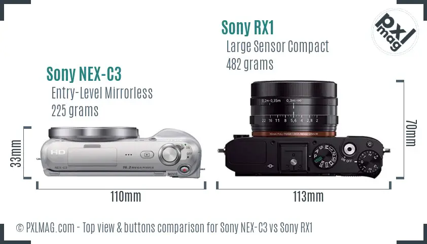 Sony NEX-C3 vs Sony RX1 top view buttons comparison