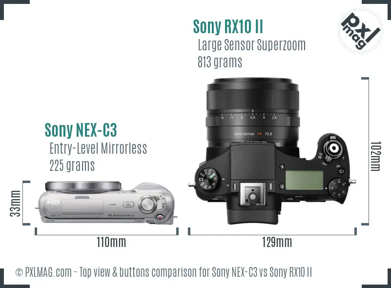 Sony NEX-C3 vs Sony RX10 II top view buttons comparison