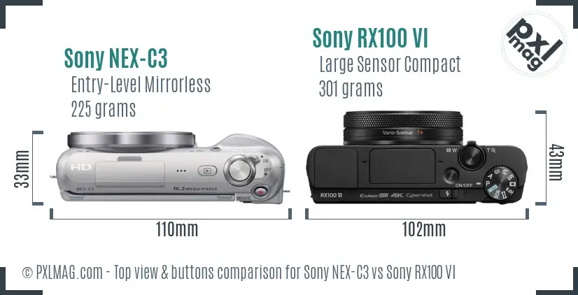 Sony NEX-C3 vs Sony RX100 VI top view buttons comparison