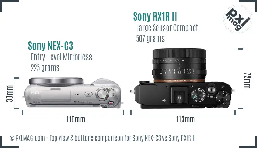 Sony NEX-C3 vs Sony RX1R II top view buttons comparison