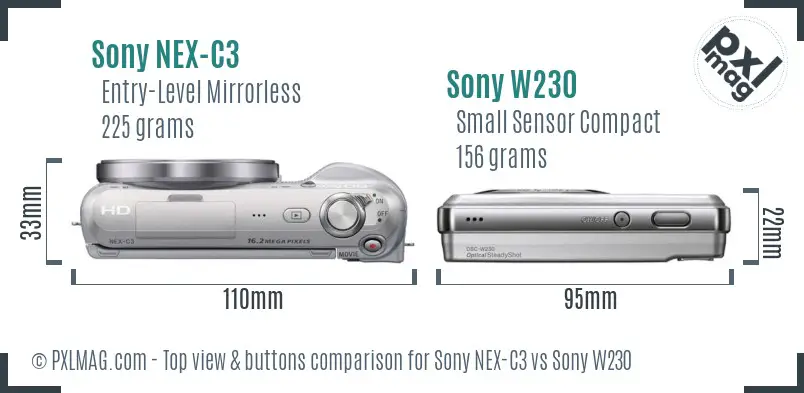 Sony NEX-C3 vs Sony W230 top view buttons comparison