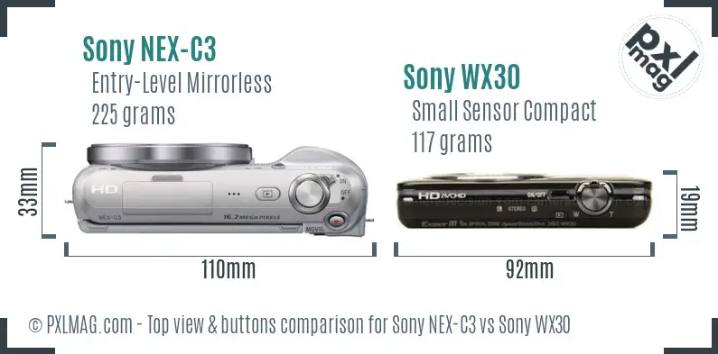 Sony NEX-C3 vs Sony WX30 top view buttons comparison