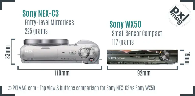 Sony NEX-C3 vs Sony WX50 top view buttons comparison