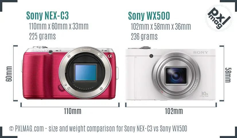 Sony NEX-C3 vs Sony WX500 size comparison