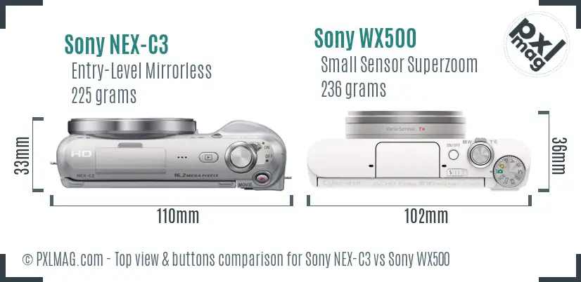 Sony NEX-C3 vs Sony WX500 top view buttons comparison
