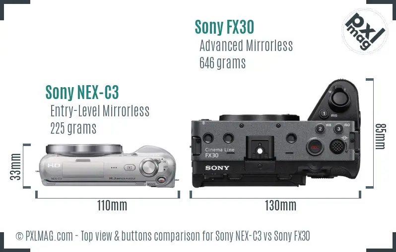 Sony NEX-C3 vs Sony FX30 top view buttons comparison