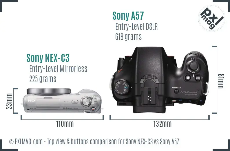 Sony NEX-C3 vs Sony A57 top view buttons comparison