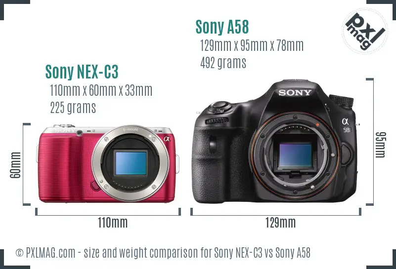 Sony NEX-C3 vs Sony A58 size comparison