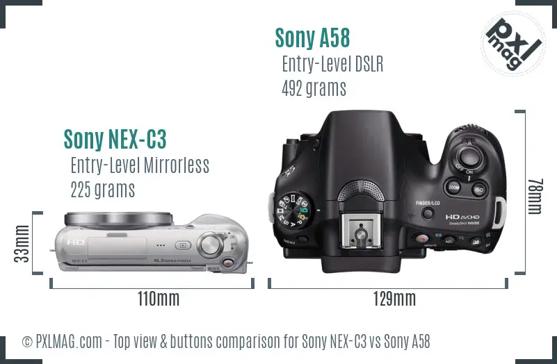 Sony NEX-C3 vs Sony A58 top view buttons comparison