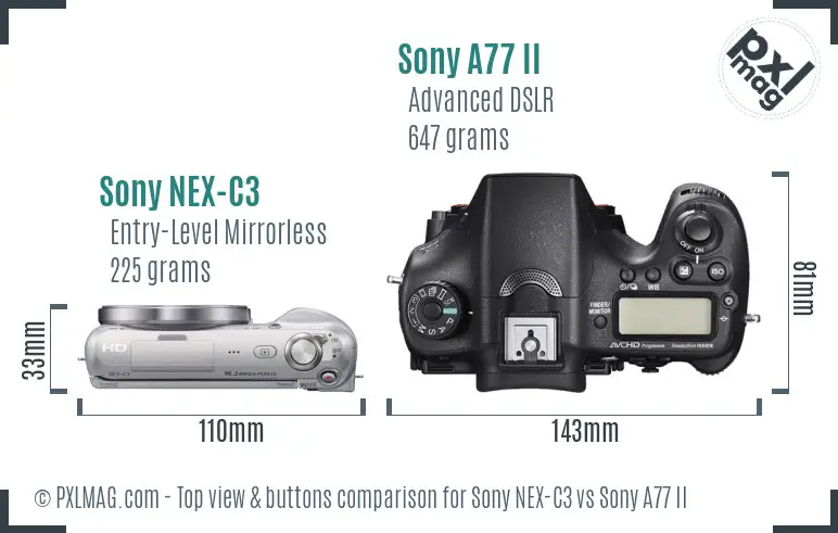 Sony NEX-C3 vs Sony A77 II top view buttons comparison