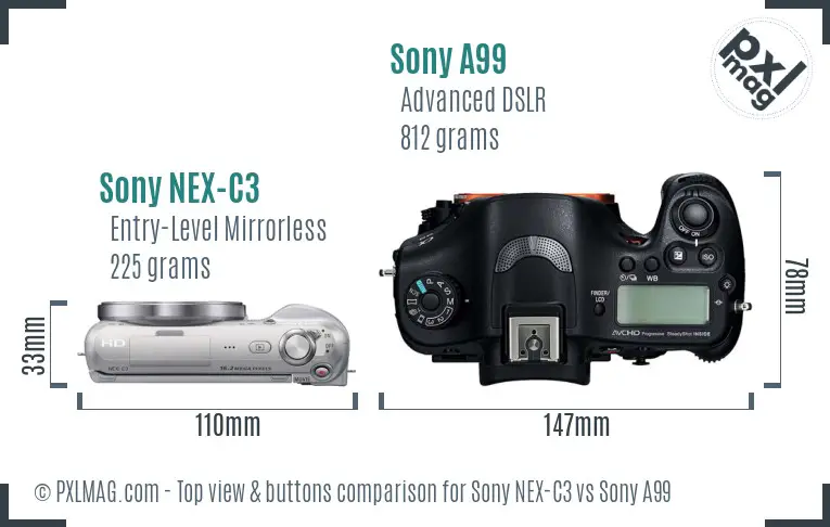 Sony NEX-C3 vs Sony A99 top view buttons comparison