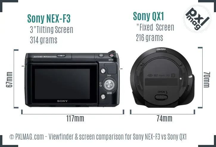 Sony NEX-F3 vs Sony QX1 Screen and Viewfinder comparison