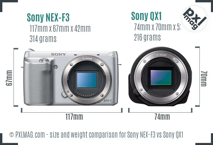 Sony NEX-F3 vs Sony QX1 size comparison