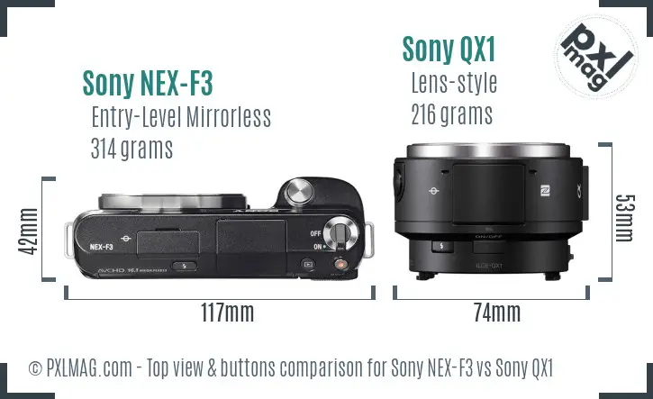 Sony NEX-F3 vs Sony QX1 top view buttons comparison