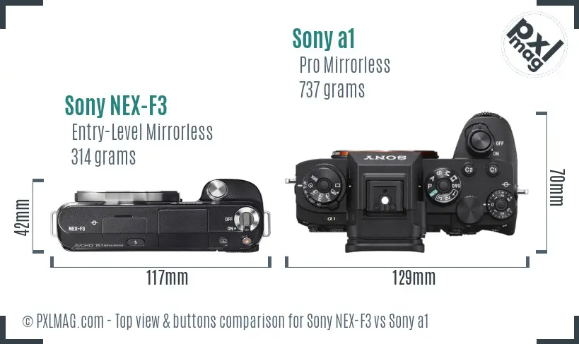 Sony NEX-F3 vs Sony a1 top view buttons comparison