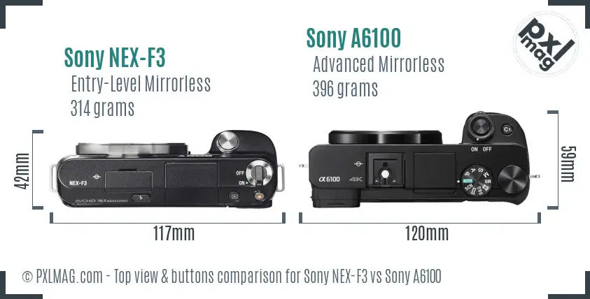 Sony NEX-F3 vs Sony A6100 top view buttons comparison