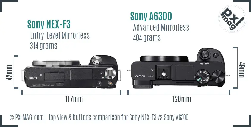 Sony NEX-F3 vs Sony A6300 top view buttons comparison