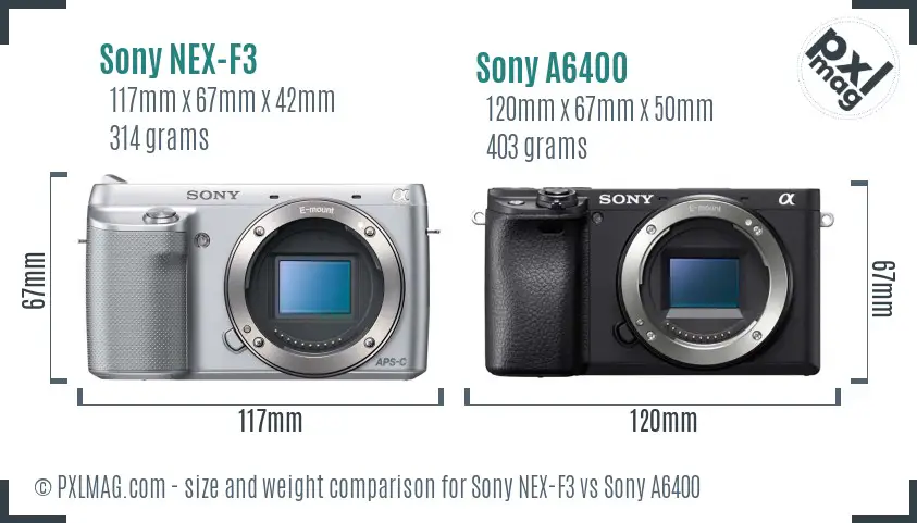 Sony NEX-F3 vs Sony A6400 size comparison