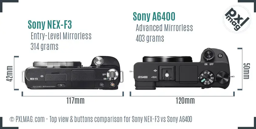 Sony NEX-F3 vs Sony A6400 top view buttons comparison