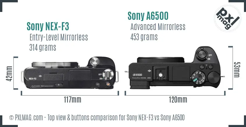 Sony NEX-F3 vs Sony A6500 top view buttons comparison
