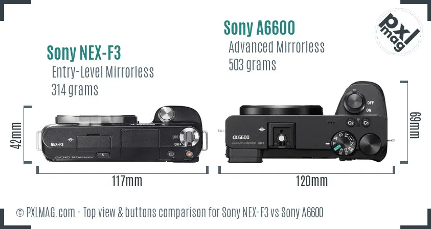 Sony NEX-F3 vs Sony A6600 top view buttons comparison