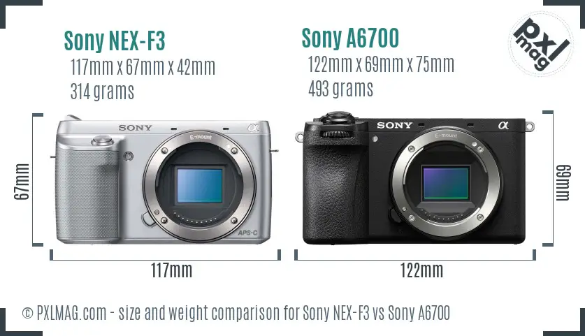 Sony NEX-F3 vs Sony A6700 size comparison