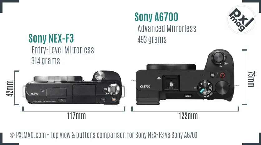 Sony NEX-F3 vs Sony A6700 top view buttons comparison