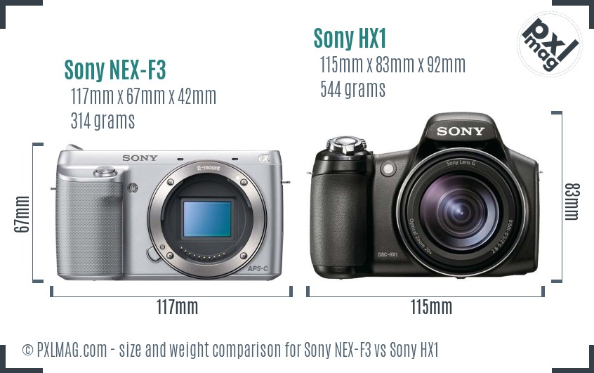 Sony NEX-F3 vs Sony HX1 size comparison