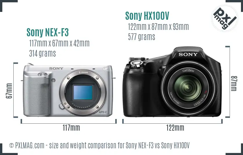 Sony NEX-F3 vs Sony HX100V size comparison