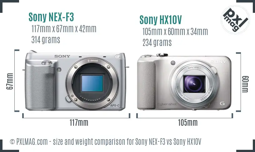 Sony NEX-F3 vs Sony HX10V size comparison