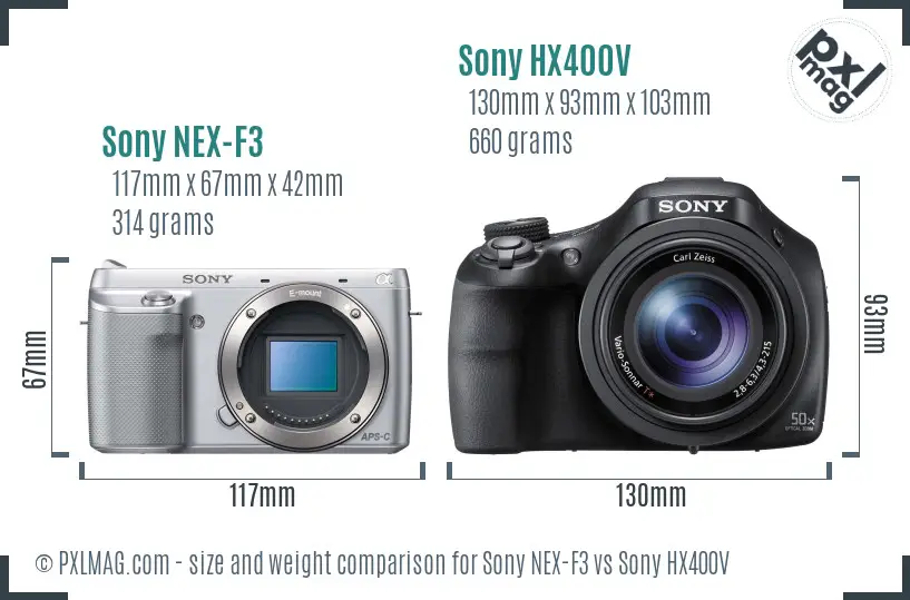Sony NEX-F3 vs Sony HX400V size comparison