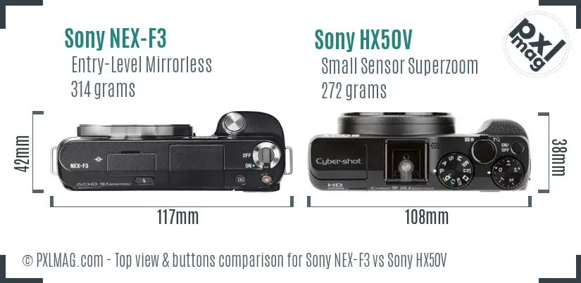 Sony NEX-F3 vs Sony HX50V top view buttons comparison
