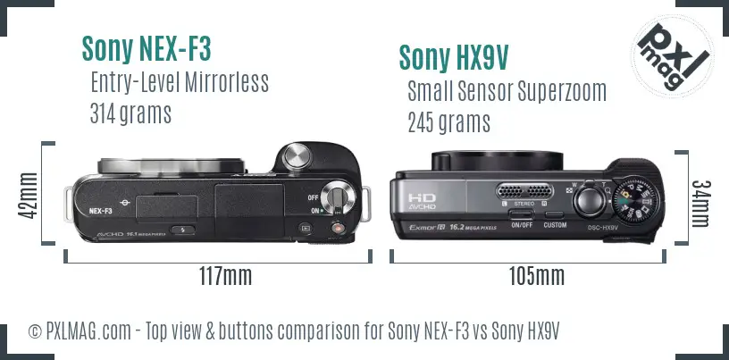 Sony NEX-F3 vs Sony HX9V top view buttons comparison