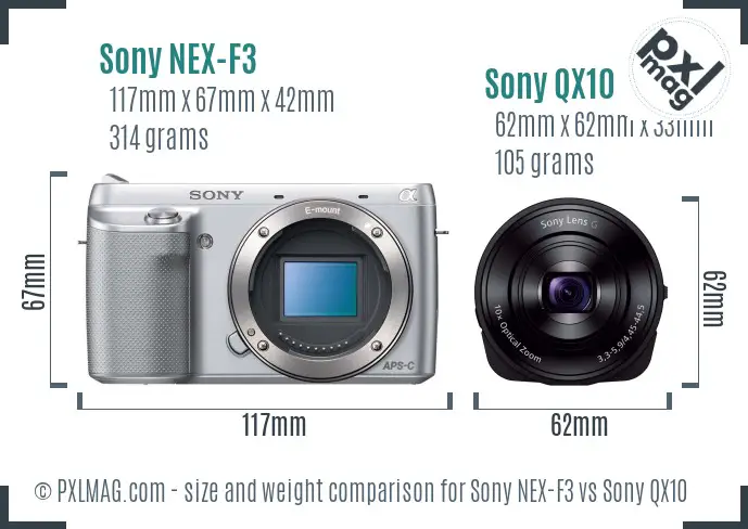 Sony NEX-F3 vs Sony QX10 size comparison