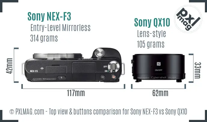 Sony NEX-F3 vs Sony QX10 top view buttons comparison