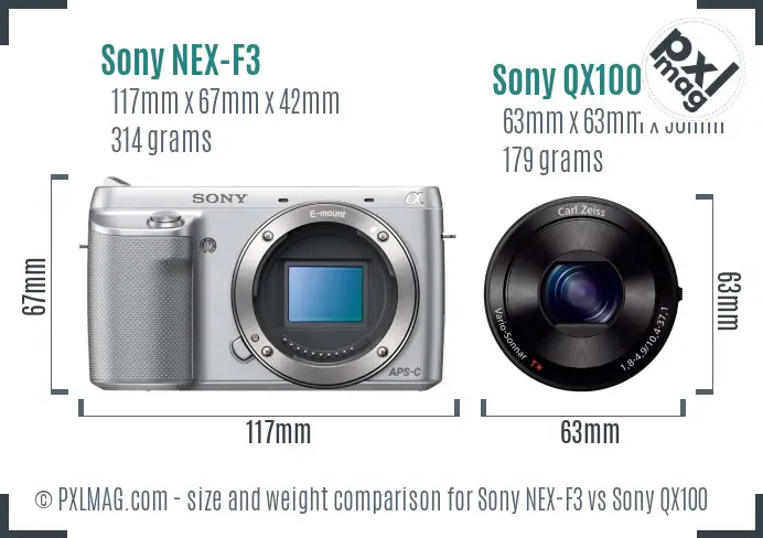 Sony NEX-F3 vs Sony QX100 size comparison