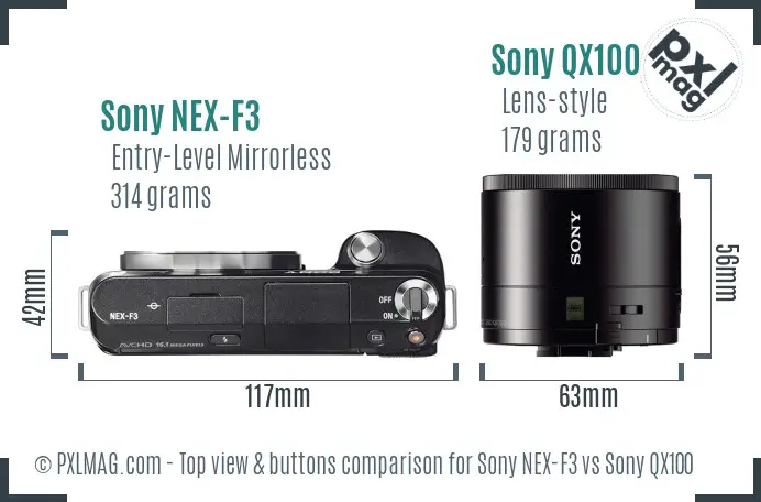 Sony NEX-F3 vs Sony QX100 top view buttons comparison