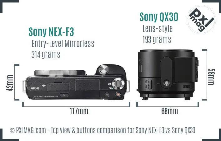 Sony NEX-F3 vs Sony QX30 top view buttons comparison
