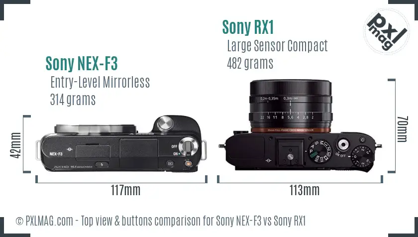 Sony NEX-F3 vs Sony RX1 top view buttons comparison