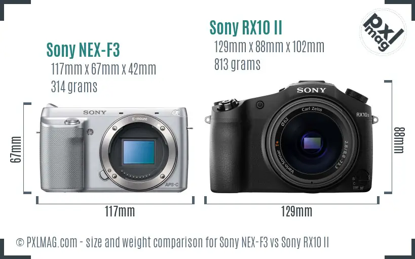 Sony NEX-F3 vs Sony RX10 II size comparison