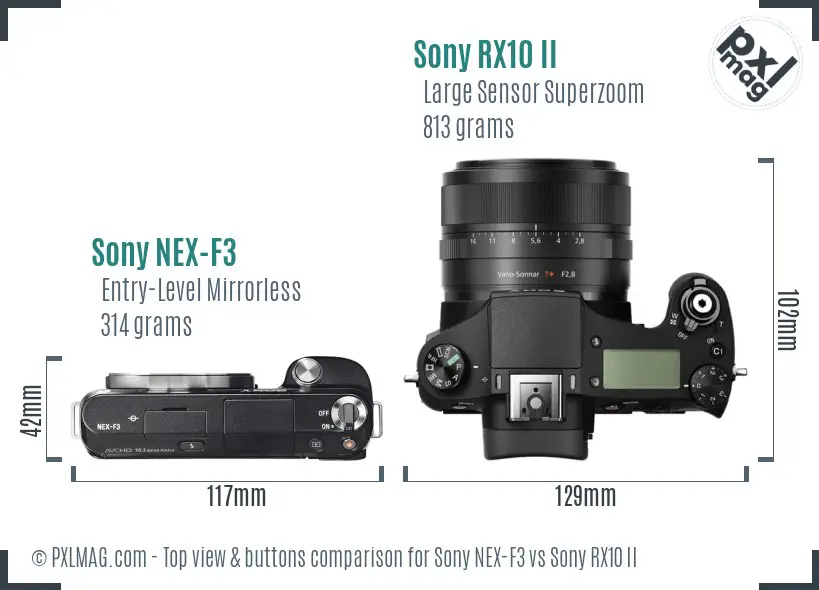 Sony NEX-F3 vs Sony RX10 II top view buttons comparison
