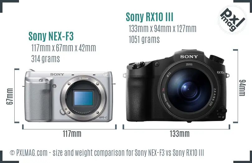 Sony NEX-F3 vs Sony RX10 III size comparison