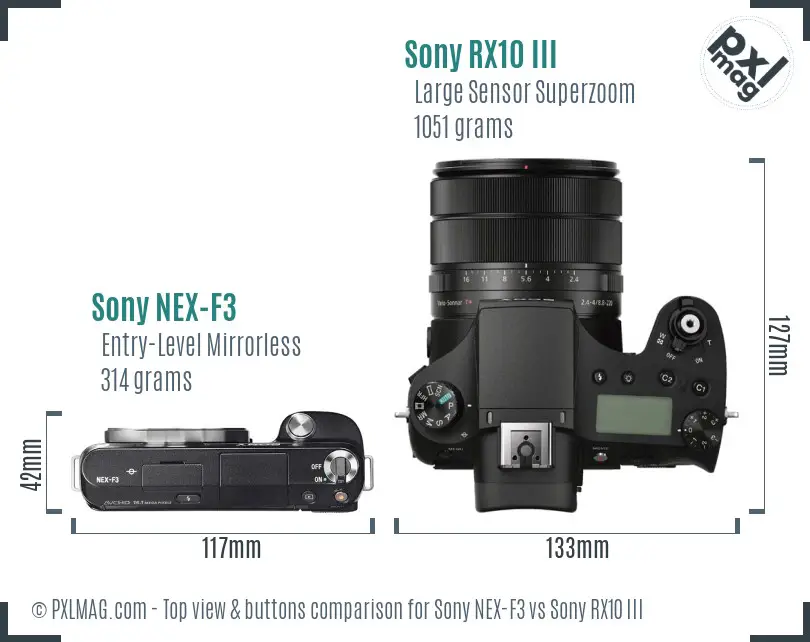 Sony NEX-F3 vs Sony RX10 III top view buttons comparison