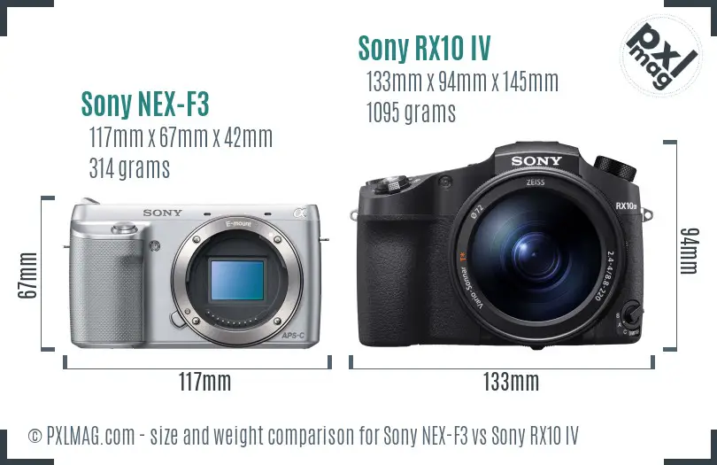 Sony NEX-F3 vs Sony RX10 IV size comparison