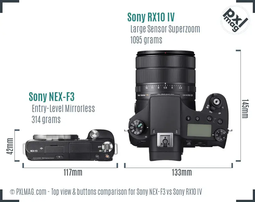 Sony NEX-F3 vs Sony RX10 IV top view buttons comparison