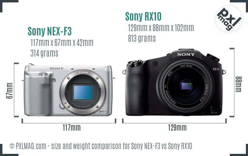 Sony NEX-F3 vs Sony RX10 size comparison