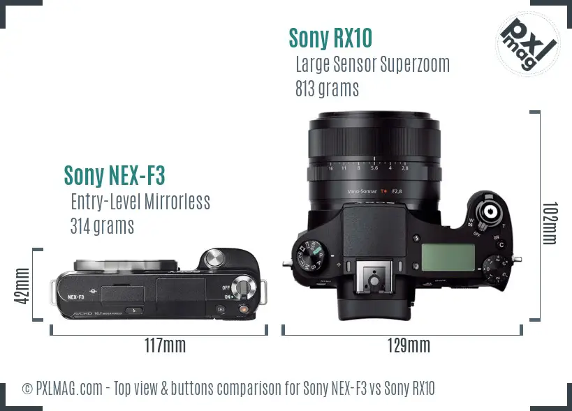 Sony NEX-F3 vs Sony RX10 top view buttons comparison