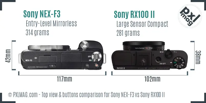 Sony NEX-F3 vs Sony RX100 II top view buttons comparison